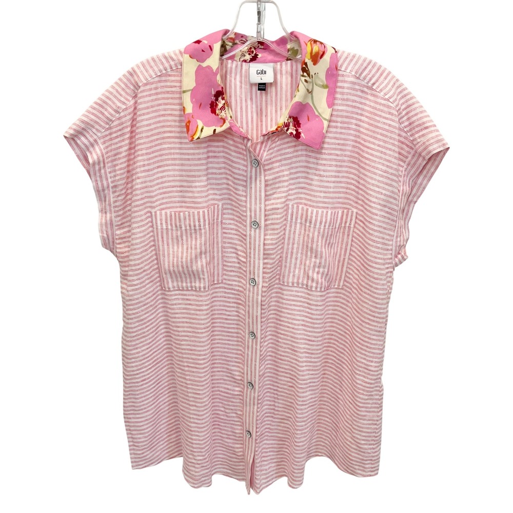 Cabi Merger Top Pink White Striped Floral Collar Linen Button Down 6512 LARGE